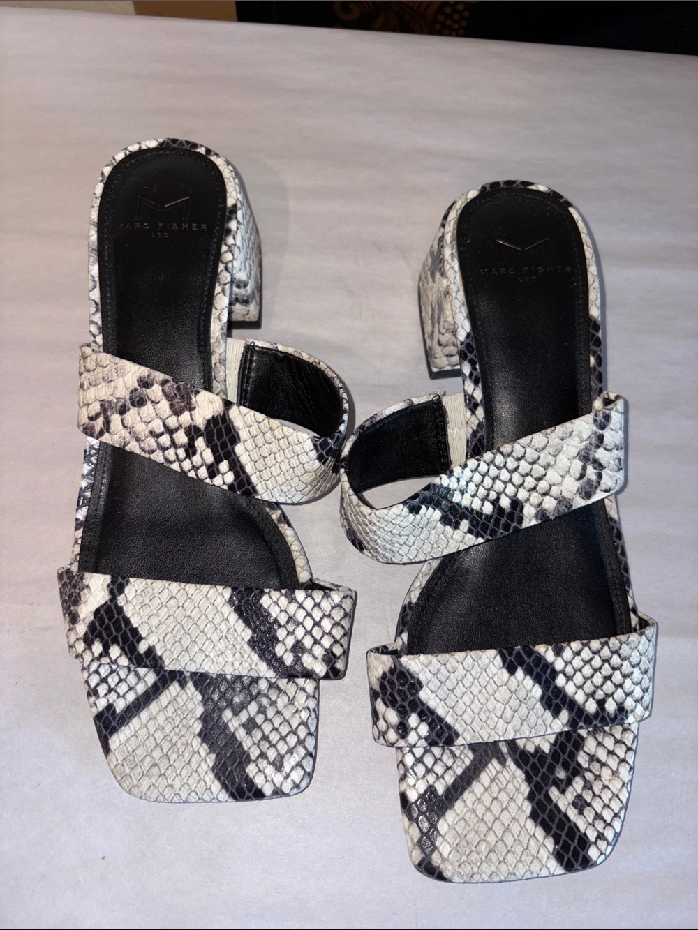 Marc Fisher Shoes Marc Fisher Pat Slide Sandal Grey & black snake print 2" heels